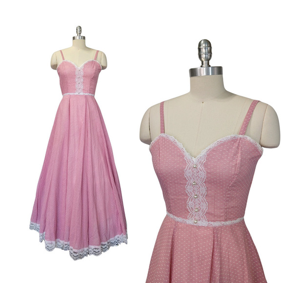 Gunne Sax Pink Swiss Dot Maxi Dress Size XS 5 Calico Vintage 70s Prairie - Picture 1 of 10